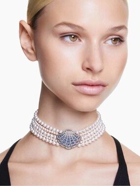 Authentic Swarovski White Pearl Multi-Strand Choker with Shell Crystal Accents
